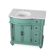 Silkroad Exclusive V0213NW36L 36" Vintage Green vanity, left sink, Carrara top, three-quarter view on white