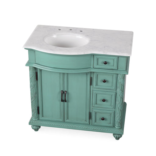 Silkroad Exclusive V0213NW36L 36" Vintage Green vanity, left sink, Carrara top, three-quarter view on white