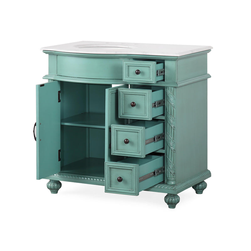 Silkroad Exclusive V0213NW36L 36" Vintage Green vanity, left sink, three-quarter view with doors and drawers open, on white