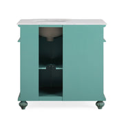 Silkroad Exclusive V0213NW36R 36" Vintage Green vanity, right sink, Carrara top, back view showing the plumbing opening