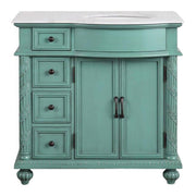 Silkroad Exclusive V0213NW36R 36" Vintage Green vanity, right sink, Carrara top, front view on white