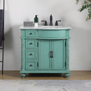 Silkroad Exclusive V0213NW36R 36" Vintage Green vanity, right sink, Carrara top, installed in a bathroom, front view