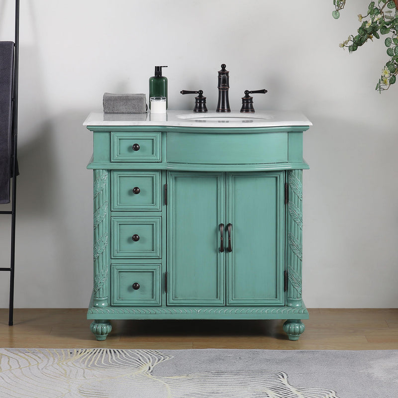 Silkroad Exclusive V0213NW36R 36" Vintage Green vanity, right sink, Carrara top, installed in a bathroom, front view