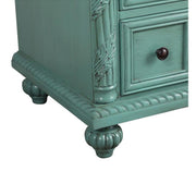 Silkroad Exclusive V0213NW36R 36" Vintage Green vanity, right sink, Carrara top, close-up of the carved base and bun foot