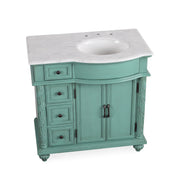 Silkroad Exclusive V0213NW36R 36" Vintage Green vanity, right sink, Carrara top, three-quarter view on white