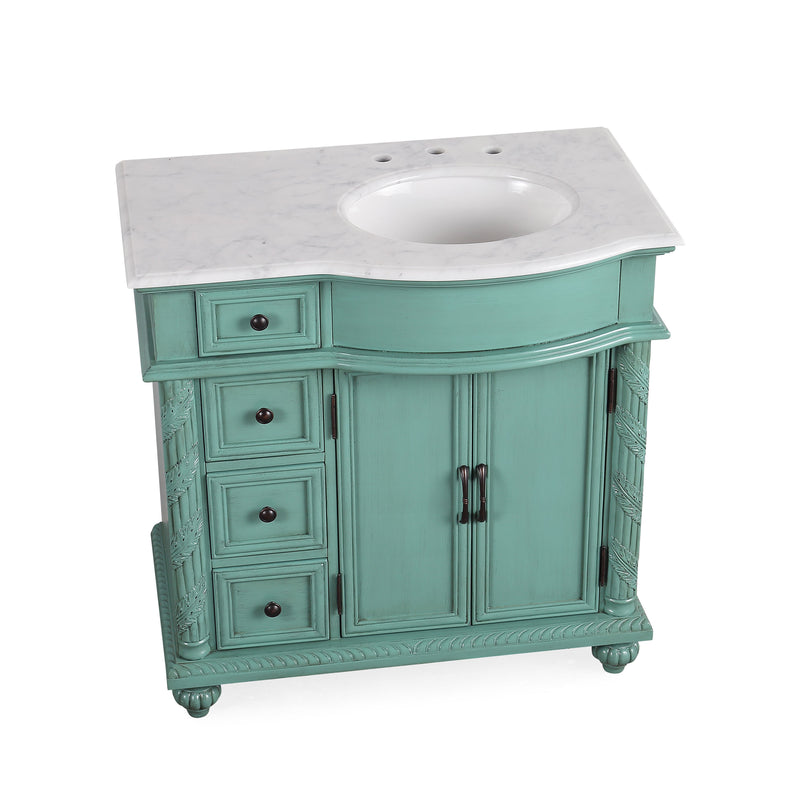 Silkroad Exclusive V0213NW36R 36" Vintage Green vanity, right sink, Carrara top, three-quarter view on white