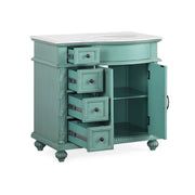 Silkroad Exclusive V0213NW36R 36" Vintage Green vanity, right sink, three-quarter view with doors and drawers open, on white