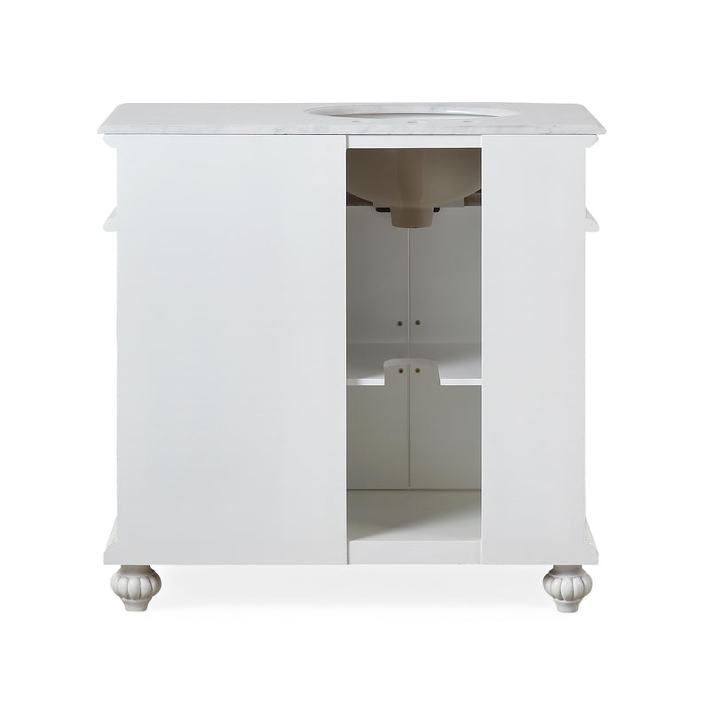 Silkroad Exclusive V0213WW36L 36" Antique White vanity, left sink, back view showing the plumbing opening