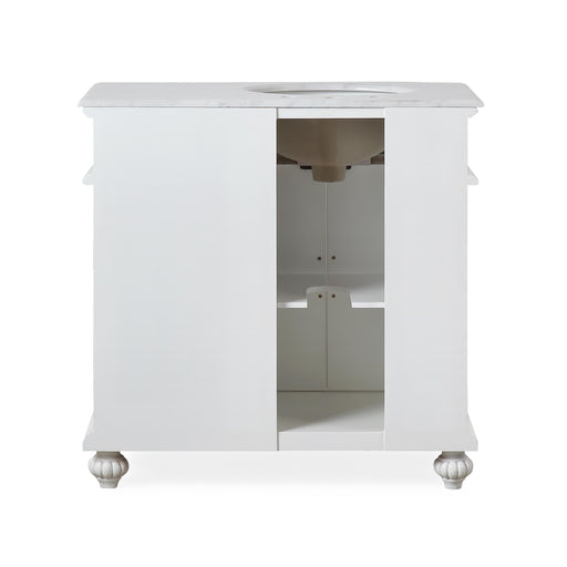 Silkroad Exclusive V0213WW36L 36" Antique White vanity, left sink, back view showing the plumbing opening