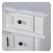 Silkroad Exclusive V0213WW36L 36" Antique White vanity, left sink, close-up of the marble edge and drawer knobs