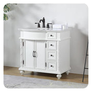 Silkroad Exclusive V0213WW36L 36" Antique White vanity, left sink, angled view in a bathroom