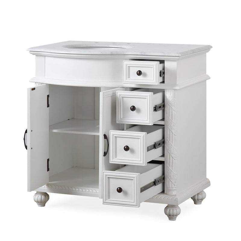 Silkroad Exclusive V0213WW36L 36" Antique White vanity, left sink, doors and drawers open on white