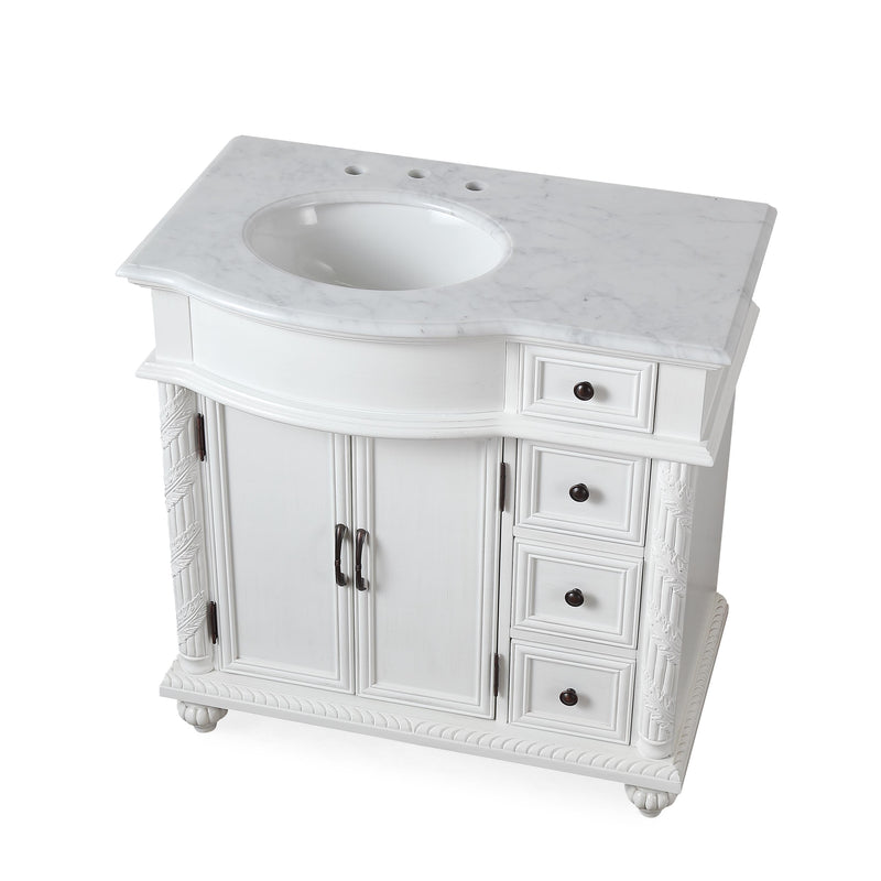 Silkroad Exclusive V0213WW36L 36" Antique White vanity, left sink, three-quarter view on white