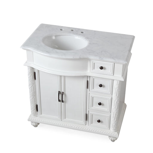 Silkroad Exclusive V0213WW36L 36" Antique White vanity, left sink, three-quarter view on white