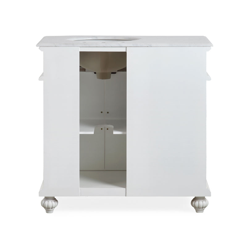 Silkroad Exclusive V0213WW36R 36" Antique White vanity, right sink, back view showing the plumbing opening