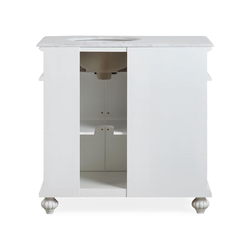 Silkroad Exclusive V0213WW36R 36" Antique White vanity, right sink, back view showing the plumbing opening