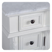 Silkroad Exclusive V0213WW36R 36" Antique White vanity, right sink, close-up of the marble edge and drawer knobs