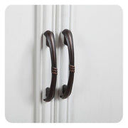 Silkroad Exclusive V0213WW36R 36" Antique White vanity, right sink, close-up of the oil rubbed bronze door pulls