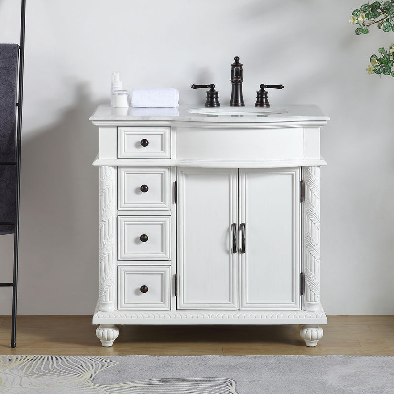 Silkroad Exclusive V0213WW36R 36" Antique White vanity, right sink, front view in a bathroom