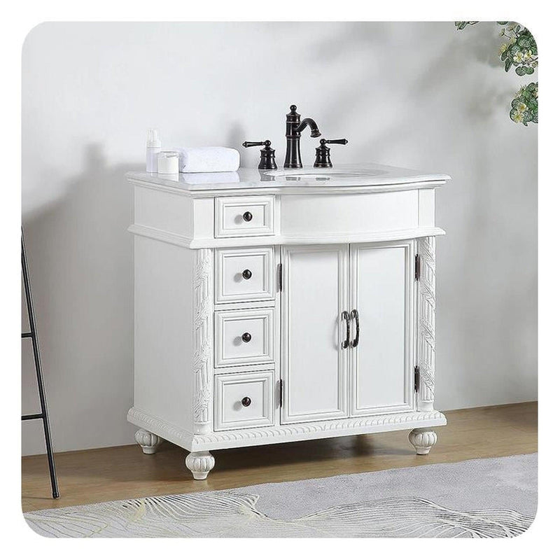 Silkroad Exclusive V0213WW36R 36" Antique White vanity, right sink, angled view in a bathroom