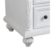 Silkroad Exclusive V0213WW36R 36" Antique White vanity, right sink, close-up of the carved post, rope trim and bun foot