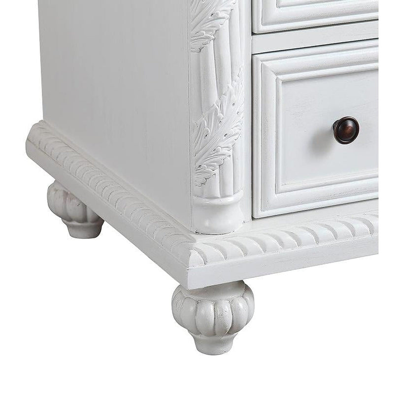 Silkroad Exclusive V0213WW36R 36" Antique White vanity, right sink, close-up of the carved post, rope trim and bun foot