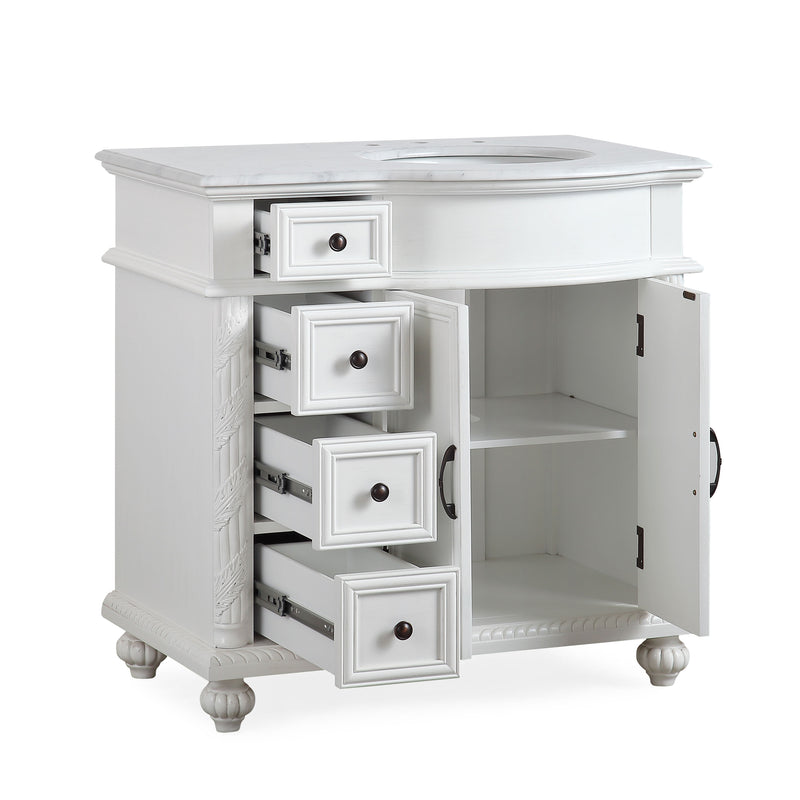 Silkroad Exclusive V0213WW36R 36" Antique White vanity, right sink, doors and drawers open on white