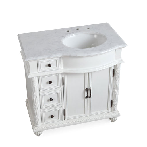 Silkroad Exclusive V0213WW36R 36" Antique White vanity, right sink, three-quarter view on white