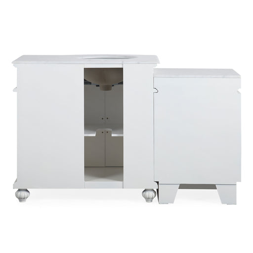 Silkroad Exclusive V0213WW56L 55.5" Antique White modular vanity, left sink, back view showing the plumbing opening