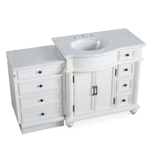 Silkroad Exclusive V0213WW56L 55.5" Antique White modular vanity, left sink, three-quarter view on white