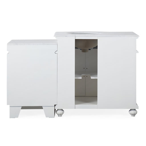Silkroad Exclusive V0213WW56R 55.5" Antique White modular vanity, right sink, back view showing the plumbing opening