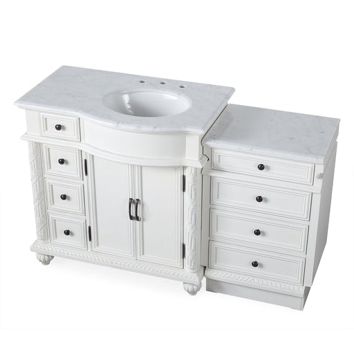 Silkroad Exclusive V0213WW56R 55.5" Antique White modular vanity, right sink, three-quarter view on white