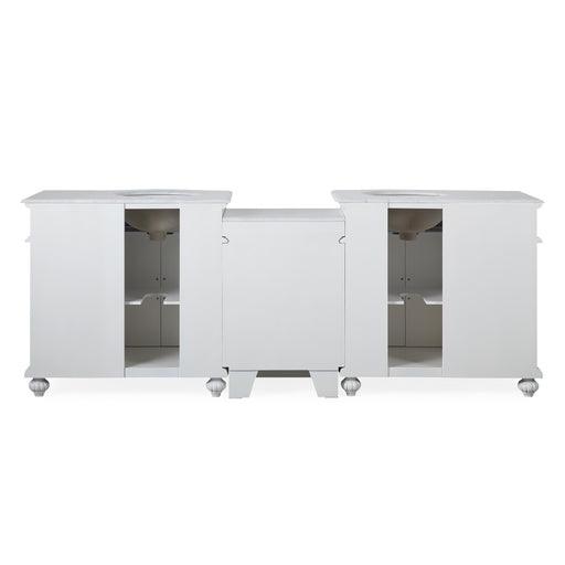 Silkroad Exclusive V0213WW90D 90.25" Antique White modular double vanity, back view showing the plumbing openings
