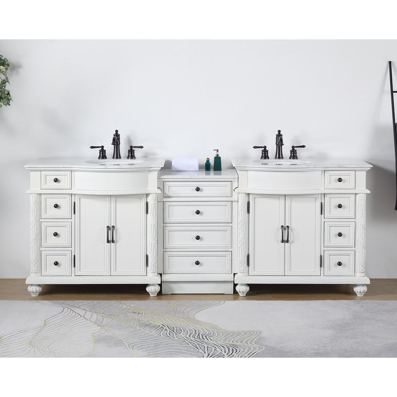 Silkroad Exclusive V0213WW90D 90.25" Antique White modular double vanity, front view in a bathroom