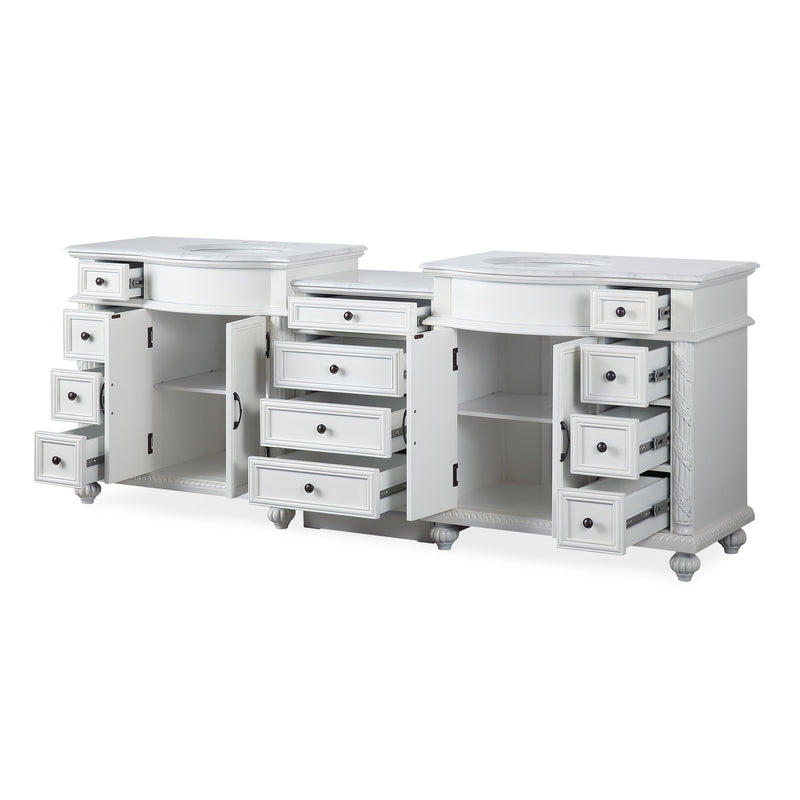 Silkroad Exclusive V0213WW90D 90.25" Antique White modular double vanity, doors and drawers open on white