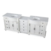 Silkroad Exclusive V0213WW90D 90.25" Antique White modular double vanity, three-quarter view on white of the three-piece set