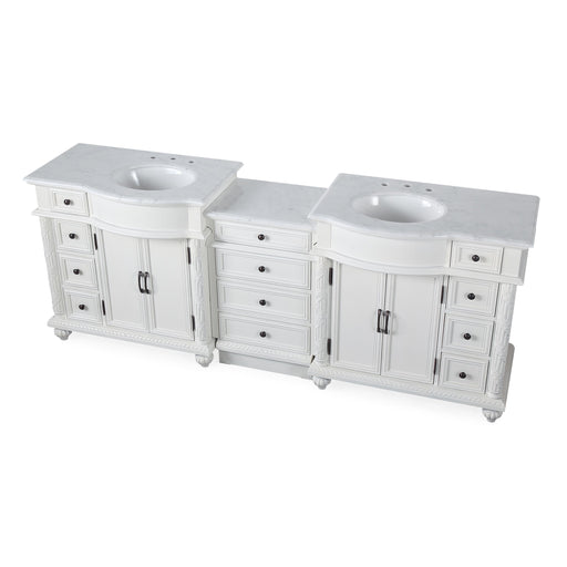 Silkroad Exclusive V0213WW90D 90.25" Antique White modular double vanity, three-quarter view on white of the three-piece set