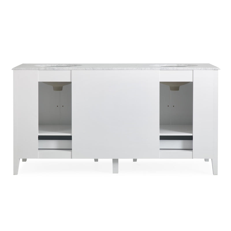 Silkroad Exclusive V0269WW68D 68" White double sink vanity, back view showing the open plumbing cut-out