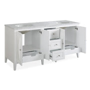 Silkroad Exclusive V0269WW68D 68" White double sink vanity, with doors and drawers open showing storage