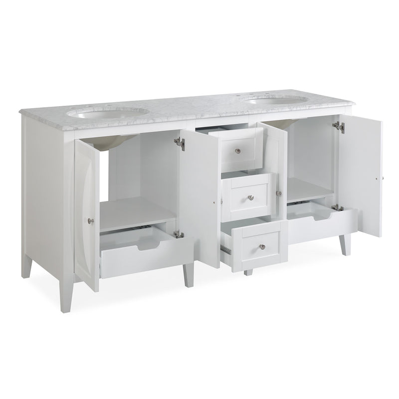 Silkroad Exclusive V0269WW68D 68" White double sink vanity, with doors and drawers open showing storage