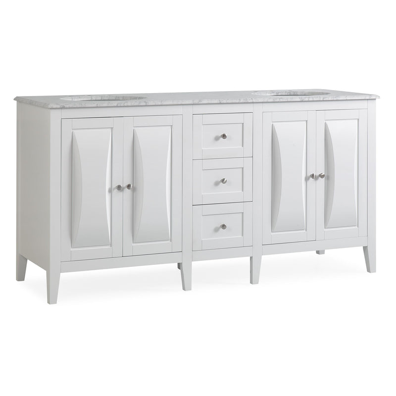Silkroad Exclusive V0269WW68D 68" White double sink vanity, three-quarter view, on white