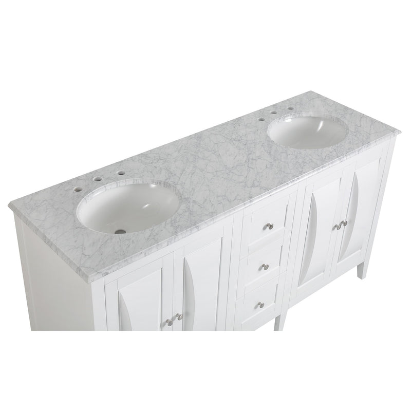 Silkroad Exclusive V0269WW68D 68" White double sink vanity, top view of the sink and faucet drilling, two sinks from above