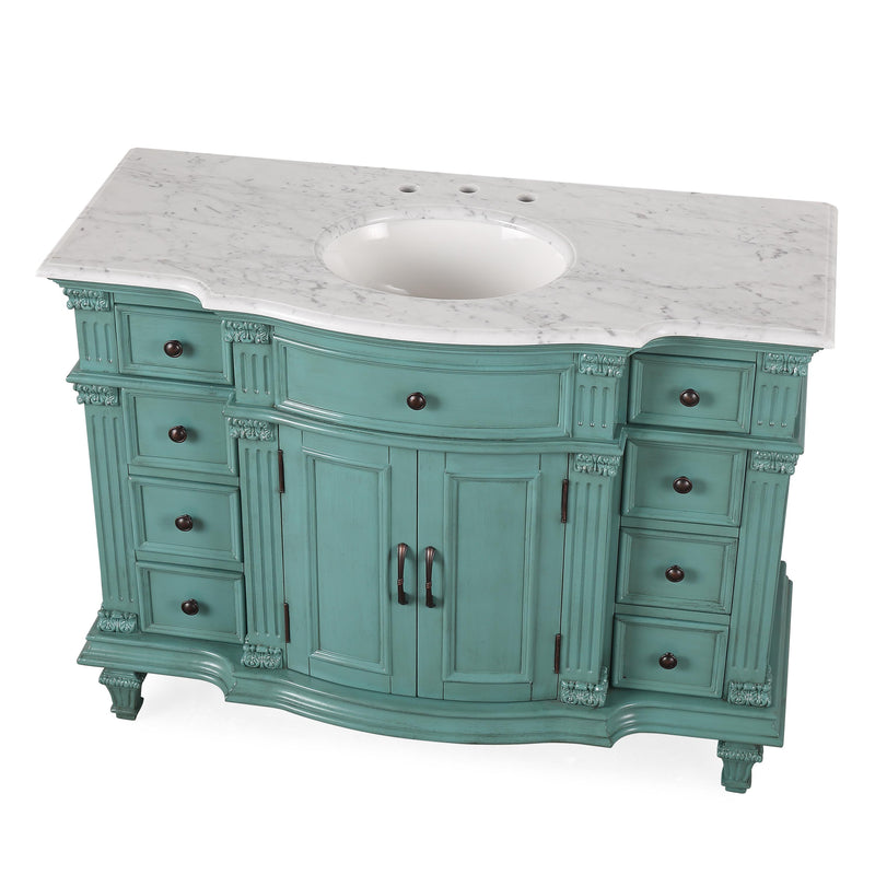 Silkroad Exclusive V0277NW48C 48" Retro Green single sink vanity with Carrara White top, three-quarter view on white