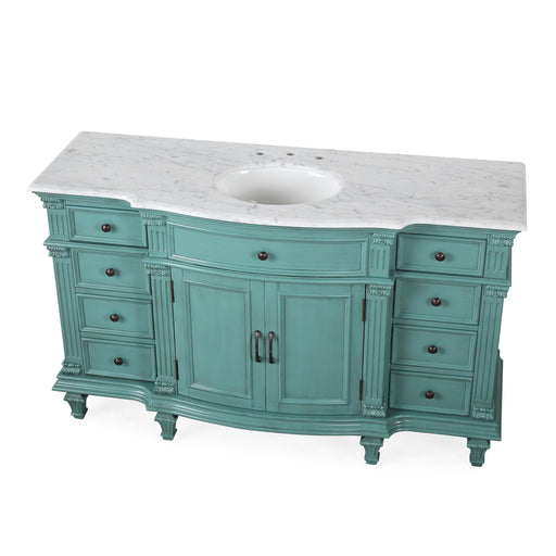 Silkroad Exclusive V0277NW60C 60" Retro Green single sink vanity with Carrara White top, three-quarter view on white