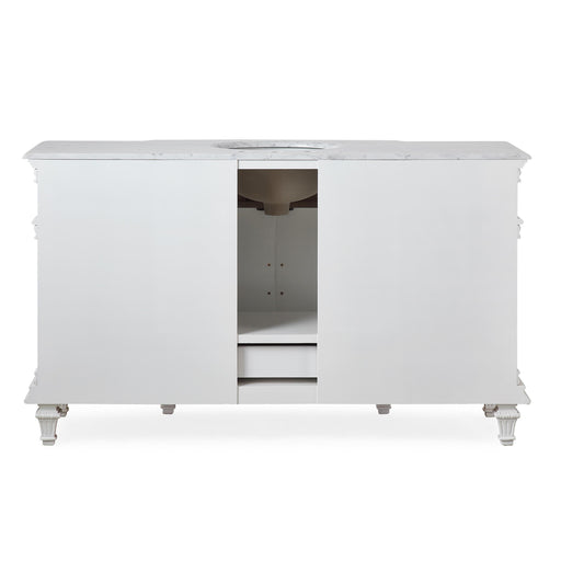 Silkroad Exclusive V0277WW60C 60" Antique White single vanity, back view showing the plumbing opening