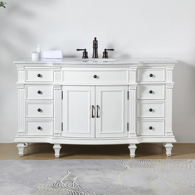 Silkroad Exclusive V0277WW60C 60" Antique White single vanity, front view in a bathroom