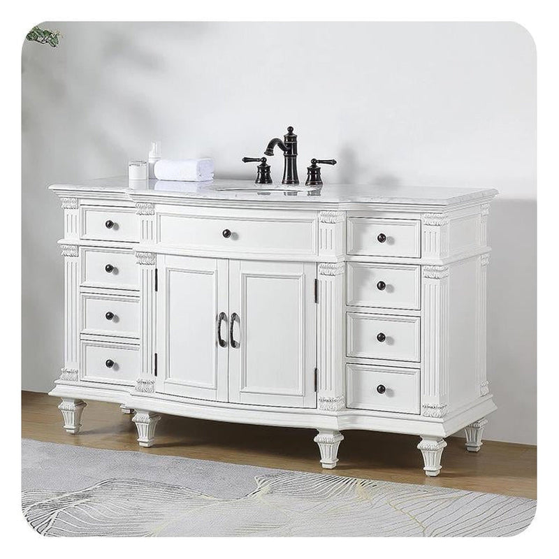 Silkroad Exclusive V0277WW60C 60" Antique White single vanity, angled view in a bathroom