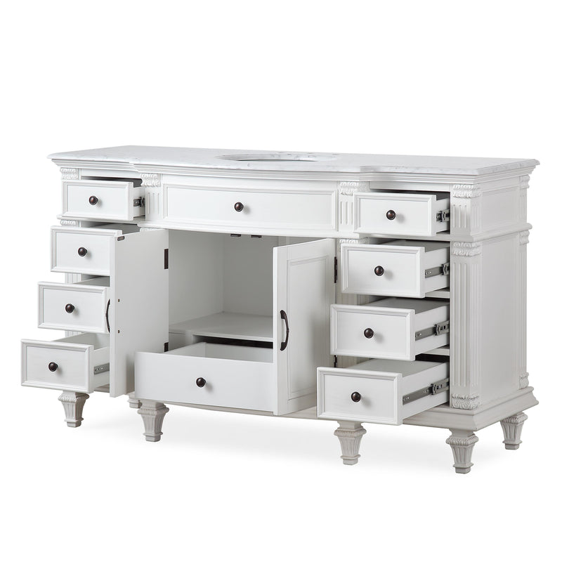 Silkroad Exclusive V0277WW60C 60" Antique White single vanity, doors and drawers open on white
