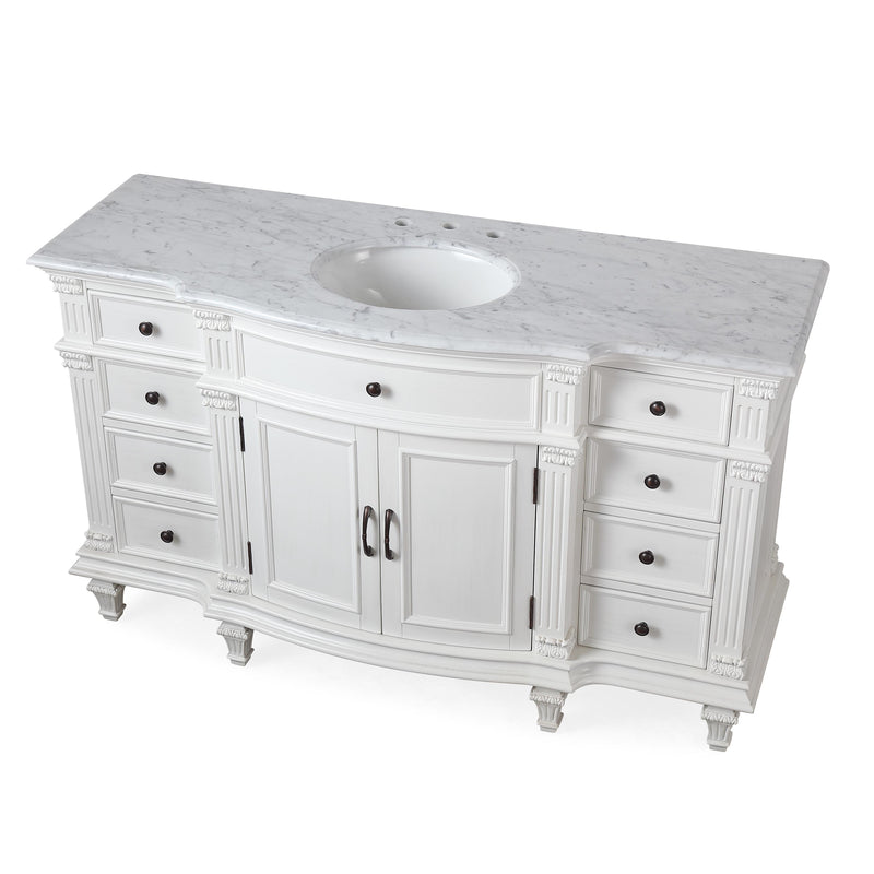 Silkroad Exclusive V0277WW60C 60" Antique White single vanity, three-quarter view on white