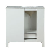 Silkroad Exclusive V0290WW36L 36" White single sink vanity, back view showing the open plumbing cut-out